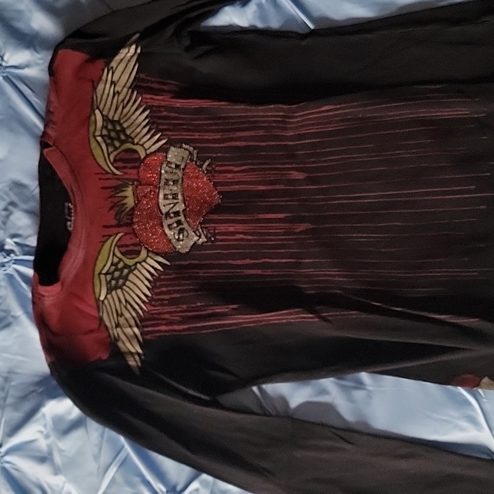 Sinful Affliction Long Sleeve Thermal black roses Heart glitter sz Large
